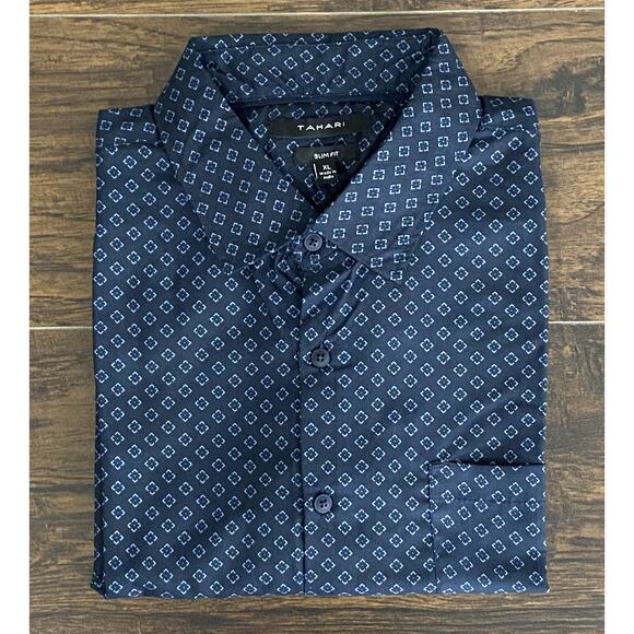 Tahari Men's XL Slim Fit Short Sleeve Button Up Shirt Diamond Pattern Blue NEW - Picture 1 of 13